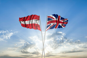 Waving National flag of Austria and flag of United Kingdom