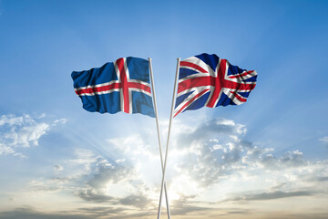Waving National flag of Iceland and flag of United Kingdom