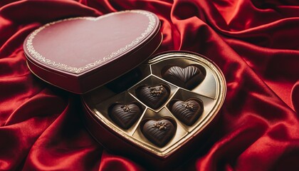 Romantic Heart-Shaped Chocolates in a Red Box on Silk Fabric