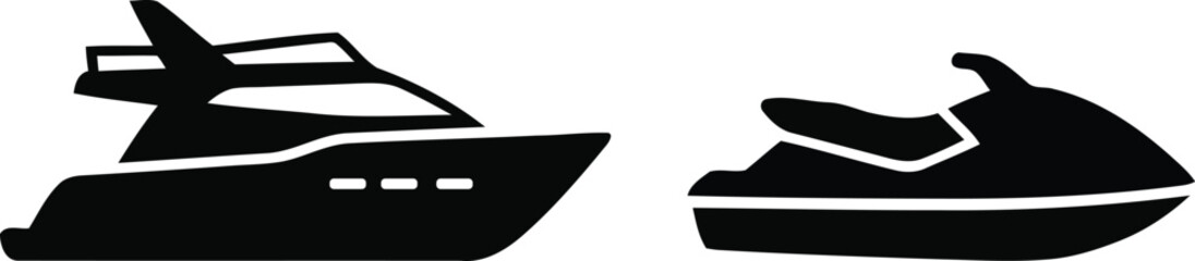 Luxury yacht and jet ski boat silhouette icon vector