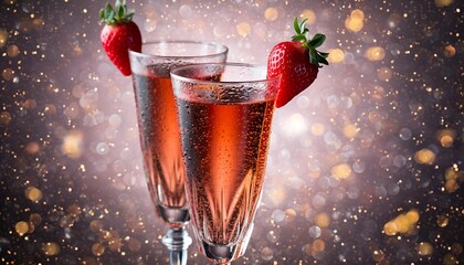 Sparkling Ros&eacute; Champagne with Fresh Strawberries and Bokeh Lights