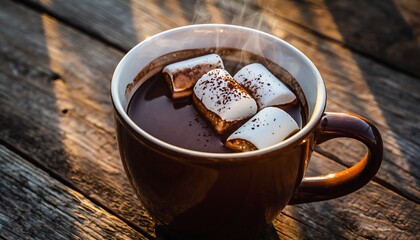 Steaming Hot Chocolate with Marshmallows on Rustic Wood