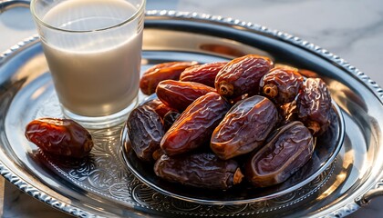 Sweet Dates and Milk on an Ornate Silver Tray in Golden Light