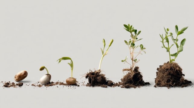 Growing plants from seeds to sprouts showing development stages of life cycle