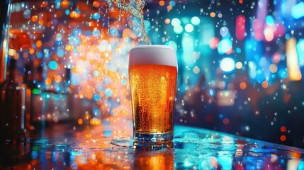 Beer pouring into glass at colorful night club. The background is blurred, highlighting the action and the golden color of the beer. Perfect for themes of hospitality, nightlife