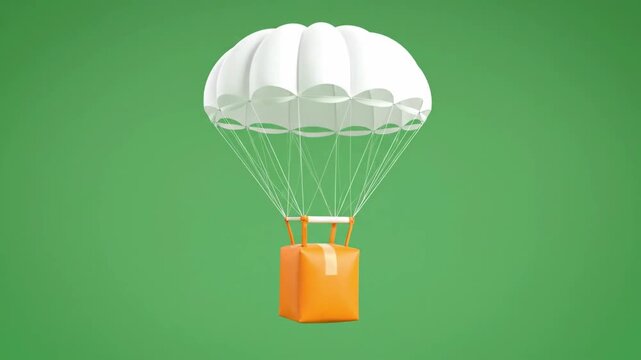 A white parachute with an attached orange bag floating against a green background, conveying a sense of finance and business.