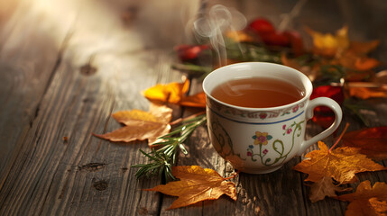 A steaming cup of warm tea sits on a rustic wooden surface amidst autumn leaves in sun rays
