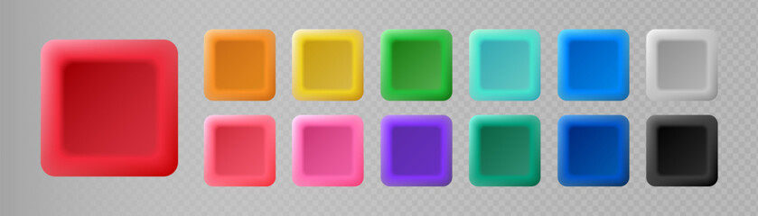 Realistic 3D colorful square button set isolated on transparent background for web and mobile interface design, navigation menu, badge, pin. Vector emblems