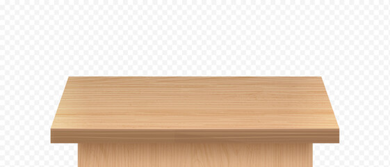 Realistic wooden table top with natural texture. Wood square podium pedestal mockup for product display. Vector illustration