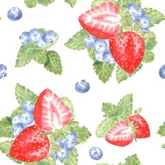 Seamless pattern with raspberries, blueberries, strawberries, and mint leaves, painted in watercolor on an isolated background. Simple clipart with a beautiful topping for desserts © Olga