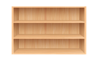 Realistic wooden shelving with natural texture isolated on white background for interior mockup, storage, product display. Vector illustration