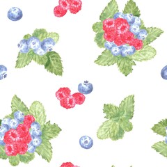 Seamless pattern with raspberries, blueberries, strawberries, and mint leaves, painted in watercolor on an isolated background. Simple clipart with a beautiful topping for desserts © Olga