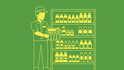 Man in Uniform Arranging Bottles on Supermarket Shelf.
