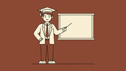 Professor in Graduation Cap Pointing at Whiteboard.