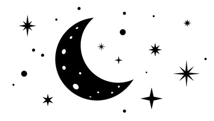Crescent Moon with Stars Celestial Night Sky Illustration.