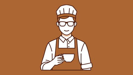 A smiling barista wearing glasses and an apron holding a coffee cup.