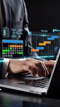 Businessman using laptop with Gantt chart and project management interface background vertical business technology data analysis planning strategy workflow productivity digital transformation innovati