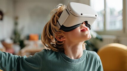 Boy experiencing virtual reality with vr headset in bright modern living room - Powered by Adobe