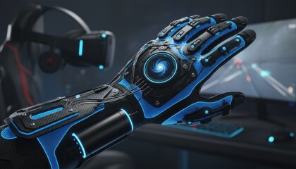 Advanced cybernetic haptic glove with glowing blue circuitry and galaxy display rests on desk near virtual reality headset