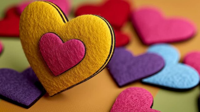 Colorful felt heart shapes in vibrant arrangement showcasing a dynamic display of layered textures and playful colors, emphasizing the visual progression of love-themed decorative elements