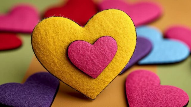 Colorful felt hearts in layered arrangement showcasing vibrant textures and shapes, emphasizing the playful design and artistic expression of heart motifs in a creative setting