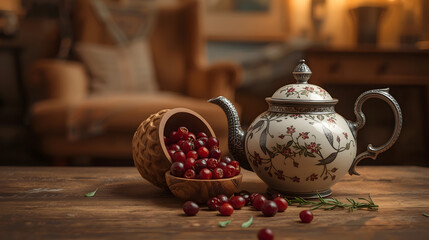 Cozy tea still life with red berries and teapot, cafe or home decor
