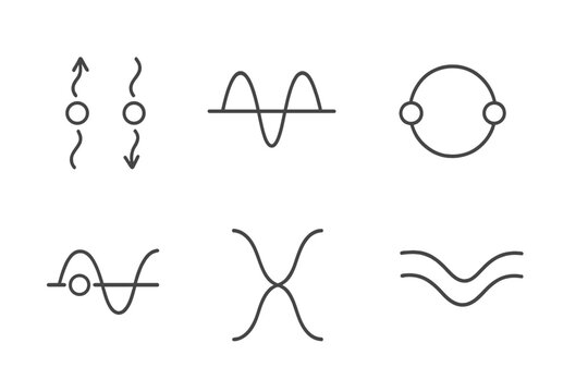Quantum State Icons. Line vector icons of correlated quantum states: mirrored particles, symmetric wave pattern, shared ring,