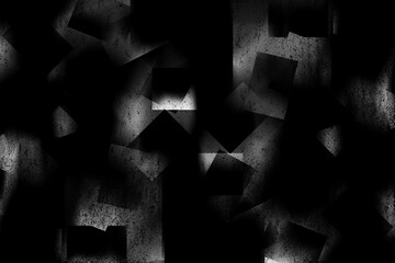 黒や白や灰のモノクロの色で炭や砂が舞い上がっているようなざらざらとした模様と四角の形の複数のオブジェクト、グラデーション、ぼかしの効果のある模様を重ねてデザインした壁紙、テクスチャ、背景