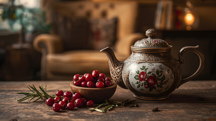 Cozy tea still life with red berries and teapot, cafe or home decor
