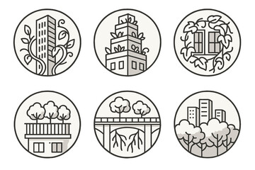 Obraz premium Urban Flora Icons. Line style circular vector icons of urban flora: skyscraper overgrown with giant vines, rooftop garden tower,