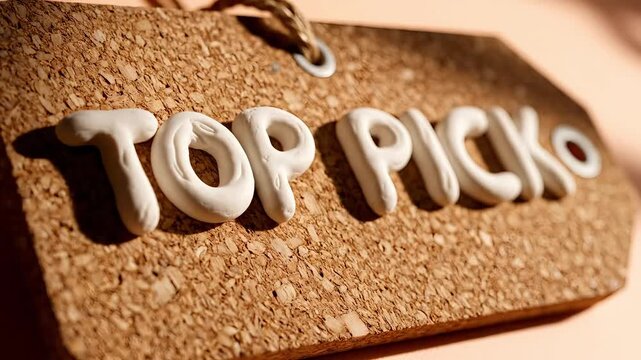 Top Picks Tag on Corkboard with White Letters Close-up View