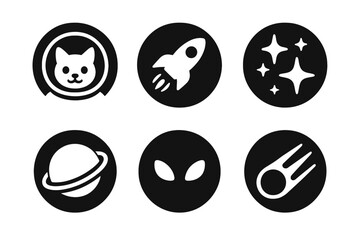 Obraz premium Astronaut Cat Icons. Solid style round vector icons of astronaut feline: cat face in helmet, rocket, stars, planet ring, glowing