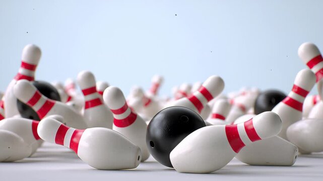 Bowling ball in motion striking white pins with red stripes, showcasing dynamic action sequence of impact and scattering in a vibrant bowling alley setting