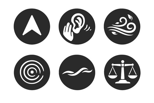 Calm Symbols Collection. Solid style round vector icons of focused calm: arrowhead, whisper, wind ring, echo, smooth line, balance