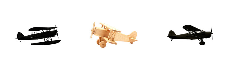 Collection of three vintage airplane models featuring a central wooden toy biplane flanked by a dark seaplane and a classic propeller aircraft