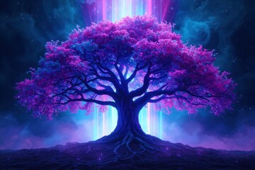 A tree with purple leaves is surrounded by a blue sky