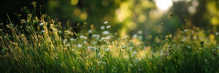 Lush green grass with wildflowers illuminated by sunlight  