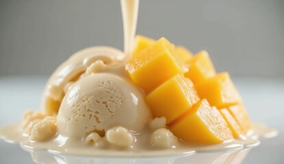 Vanilla Ice Cream with Fresh Mango Cubes and Sweet Condensed Milk
