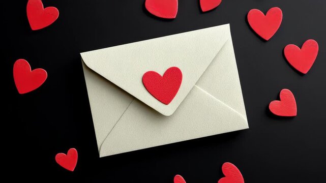 Envelope with red heart sticker surrounded by scattered red heart shapes on a black background showcasing a romantic theme for greeting cards and love letters in a visually appealing arrangement