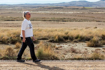 Walking through the golden plains of an expansive landscape under a bright sky