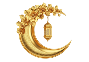 golden crescent moon with floral garland and hanging lantern ramadan decor