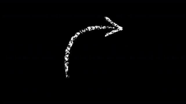 white chalk curved arrow that is animated on screen in a rough sketch freehand hand drawn style and then gently rocks back and forth in a gentle rocking motion   alpha channel invisible background 4K 
