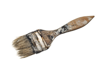 Old used paint brush with wooden handle and dried paint stains isolated on white back