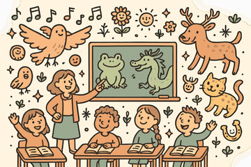 Fototapeta premium Whimsical Ethnozoology Classroom. Whimsical doodle ethnozoology classroom with happy students, cartoon animals floating, smiling