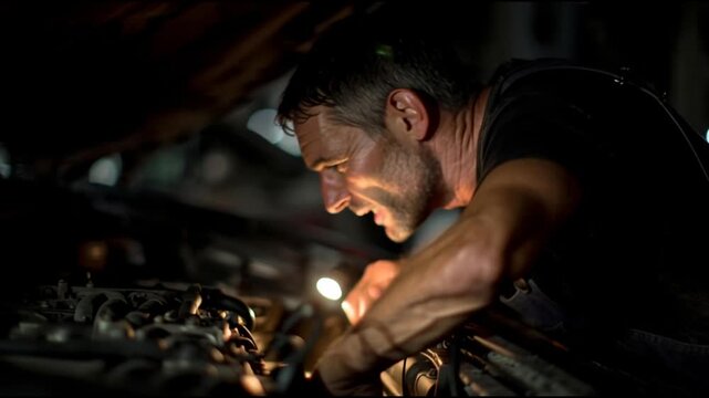 Man welding metal with sparks in dark environment