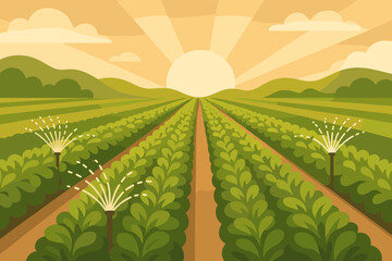 Sustainable Crop Irrigation. Sprinklers watering rows of lush green crops under soft vector illustration sunlight, earthy tones,