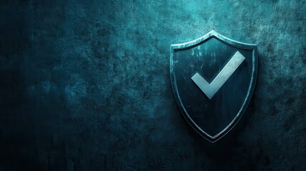 3D shield icon with checkmark symbol on dark textured wall, concept of security and protection