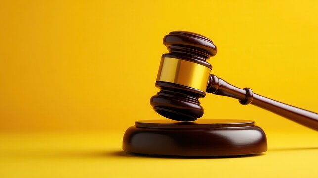 Wooden judge gavel and sound block on yellow background