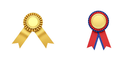 Two gold and multicolored award ribbons with pleated rosettes and blank centers for celebrating achievement and success, presented as a set of prestigious first place prizes
