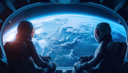 Two astronauts sitting in spaceship cockpit looking out at blue planet Earth from orbit. Futuristic sci-fi scene of space travel, exploration, and global connection. High tech mission concept.